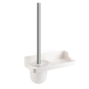 Cetomo Wall Mounted Toilet Brush and Holder with Attached Shelf and Hook for Storage Toilet Cleaner Brash Bathroom, Plastic Modern Drip-Proof No Drill Adhesive Easy Clean, White