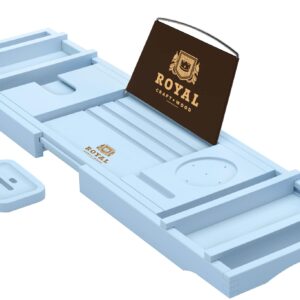 ROYAL CRAFT WOOD Luxury Bathtub Caddy Tray, One or Two Person Bath and Bed Tray, Bonus Free Soap Holder (Blue)