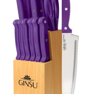 Ginsu Kiso 14-Piece Purple Knife Set with Natural Block - Dishwasher Safe and Always Sharp