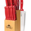 Ginsu Kiso 14-Piece Red Knife Set with Natural Block - Dishwasher Safe and Always Sharp