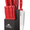 Ginsu Kiso 14-Piece Red Knife Set with Black Block - Dishwasher Safe and Always Sharp